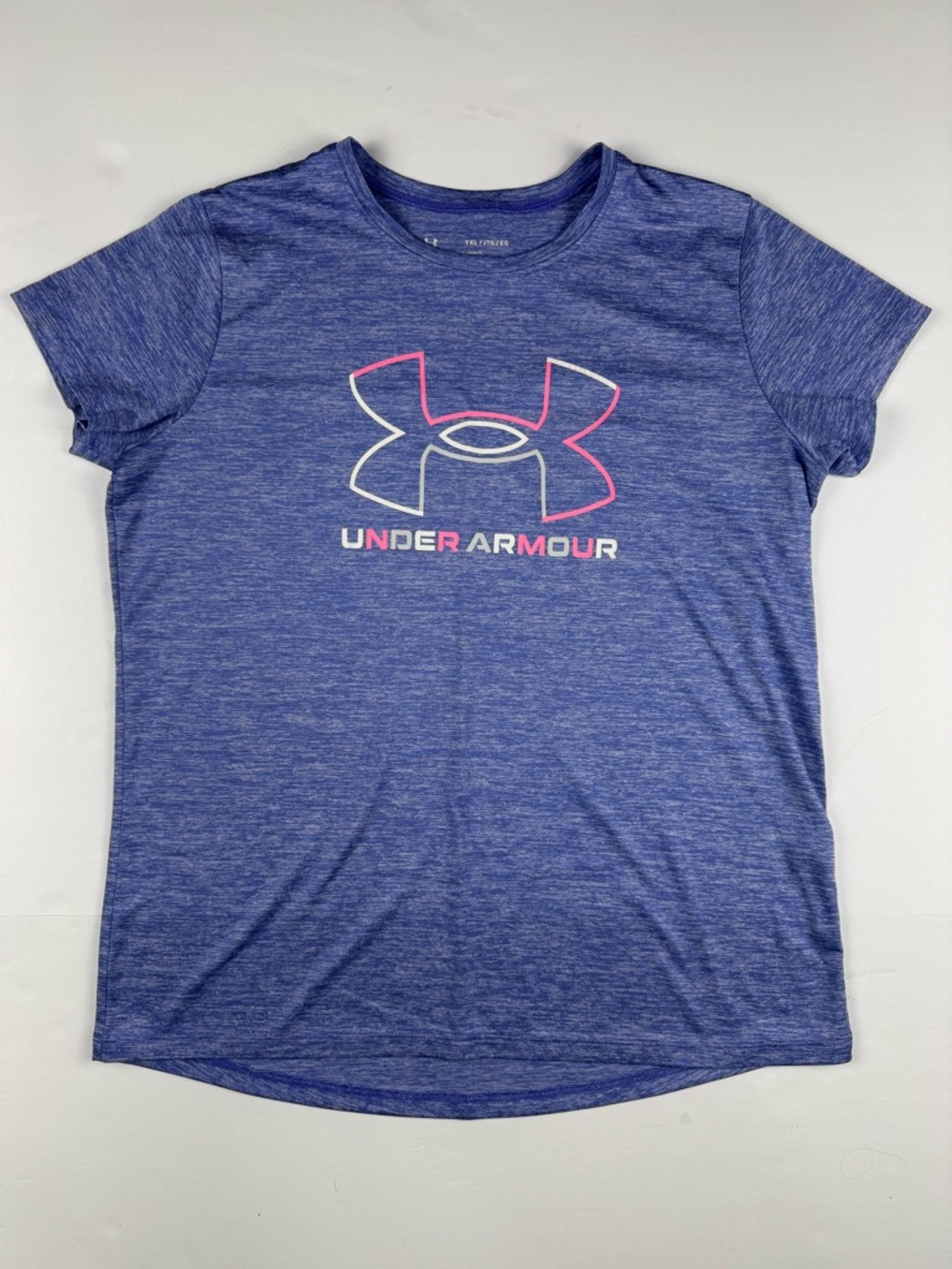 Under Armour Heathered Blue Short Sleeve Logo Tee with Pink Accent
